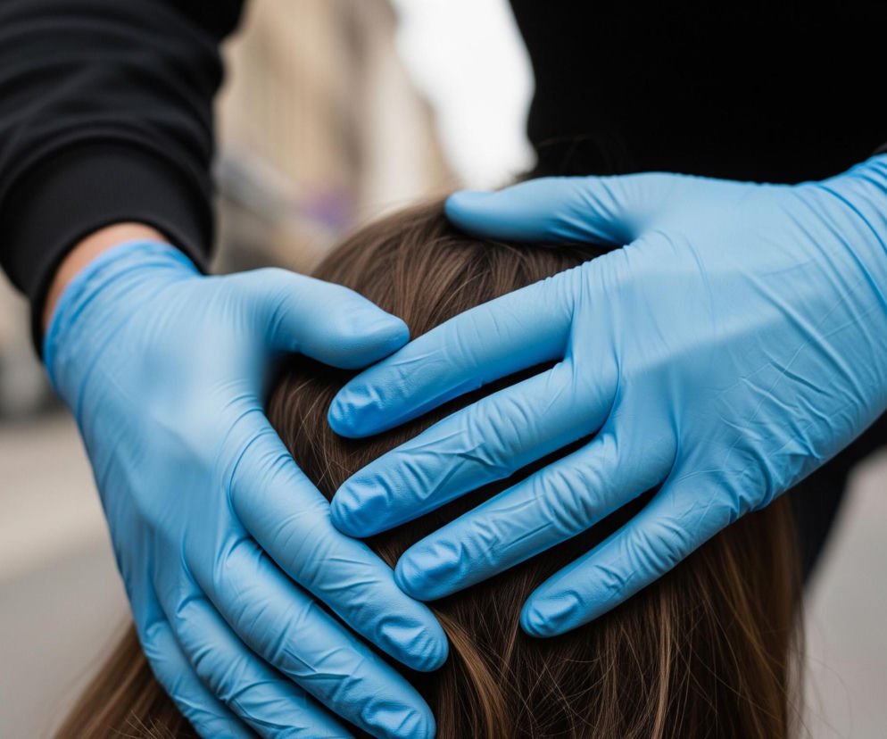 Dwie dłonie w jasnoniebieskich rękawiczkach ochronnych delikatnie obejmują tył głowy osoby o brązowych włosach. Osoba z dłońmi ma na sobie czarną bluzę z długim rękawem, widoczne są tylko fragmenty rękawów i nadgarstków. Tło jest rozmyte, z widocznymi jasnymi, neutralnymi odcieniami i niewyraźnymi elementami architektonicznymi.