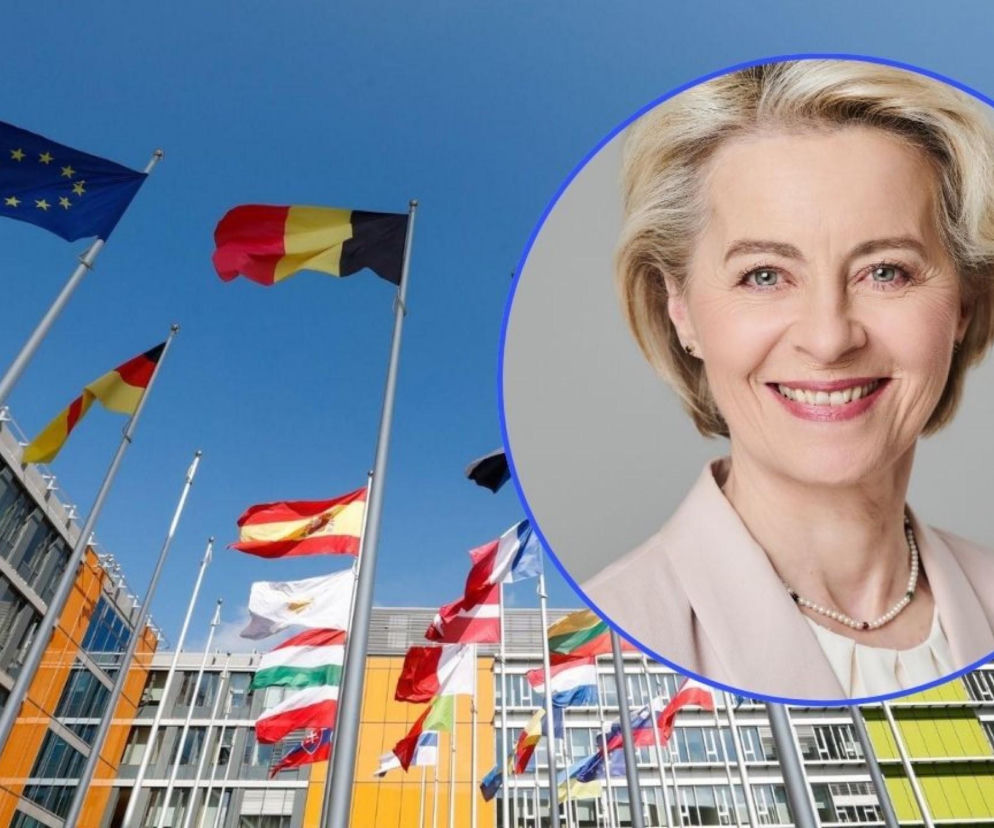 Flagi państw Unii Europejskiej powiewające przed budynkami instytucji unijnych symbolizują wzrost płac urzędników UE. W prawym górnym rogu uśmiechnięta Ursula von der Leyen. O zarobkach w Brukseli przeczytasz na Super Biznes.