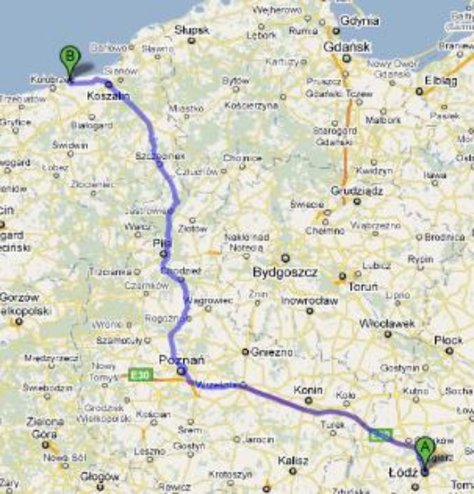 Trasa E30 i trasa 11 Łódź-Ustronie Morskie - mapka