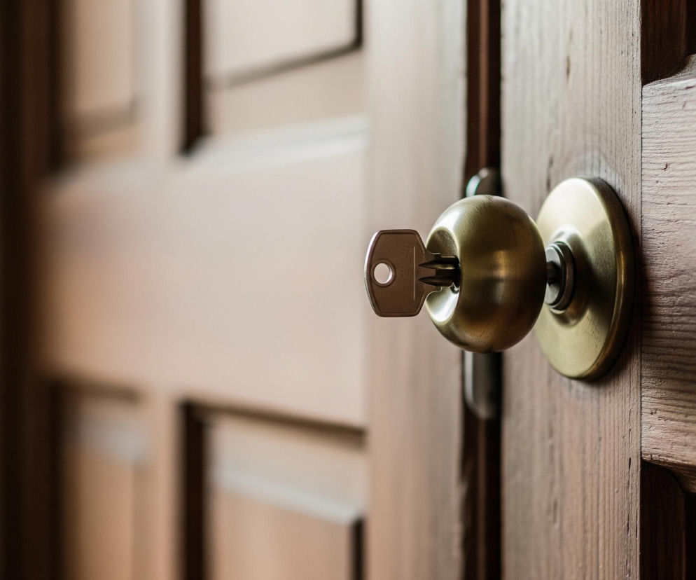Z bliska ujęcie przedstawia drewniane drzwi z mosiężną klamką kulową i kluczem włożonym do zamka. Klamka znajduje się po prawej stronie kadru, a klucz, wystający z klamki, jest jasnoszary i ma okrągły otwór w rączce. Struktura drewna drzwi jest wyraźnie widoczna, z pionowymi słojami i subtelnymi zdobieniami w postaci rzeźbionych paneli, które zanikają w rozmyciu po lewej stronie. Tło po lewej stronie to rozmazany, jasnobrązowy obszar, prawdopodobnie inna część pomieszczenia.