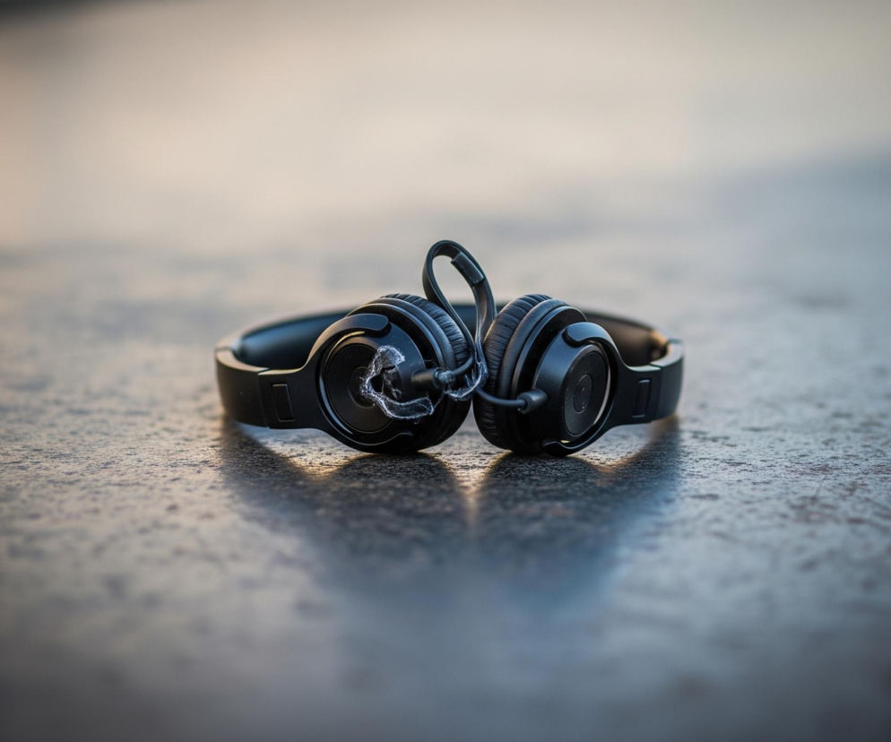 Na brązowej, lekko chropowatej powierzchni leżą czarne słuchawki nauszne, złożone ze sobą. Na lewej słuchawce widać uszkodzenie w postaci postrzępionego, białego materiału, wystającego z jej boku. Słuchawki rzucają ciemny cień w kierunku dołu obrazu, a tło jest rozmyte, przechodząc od jasnego beżu do delikatnego błękitu.
