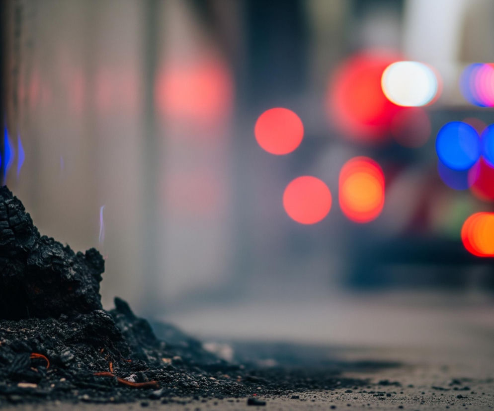 W lewej części obrazu, na pierwszym planie, widoczne są zwęglone, czarne fragmenty drewna lub materiału, z których wydobywają się jasne płomienie w odcieniach czerwieni, pomarańczy i błękitu. Te płomienie tworzą smugi światła o nieregularnych kształtach. Na dole leży ciemny gruz i popiół, rozproszony na szarej, ziarnistej powierzchni. Prawa strona obrazu jest rozmyta i przedstawia bokehowe światła w kolorach czerwonym, pomarańczowym, białym i niebieskim, sugerujące pojazdy uprzywilejowane w tle.