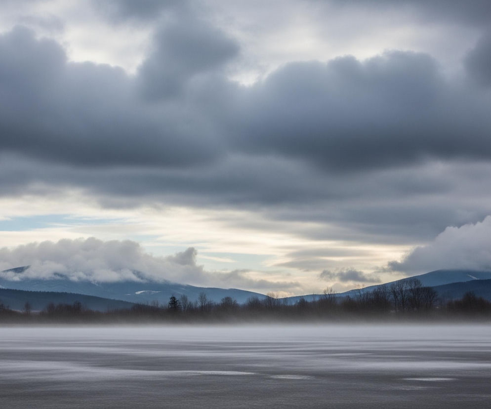 Zamarznięta tafla jeziora z delikatnym zamgleniem unosi się nad powierzchnią na pierwszym planie. Nad jeziorem rozciąga się pas ciemnych, nagich drzew, a za nimi widać falujące, ciemne zbocza gór, pokryte lasami, częściowo spowite białymi chmurami. W tle dominują ciężkie, szare chmury burzowe, z prześwitami jaśniejszego, błękitno-białego nieba między nimi.