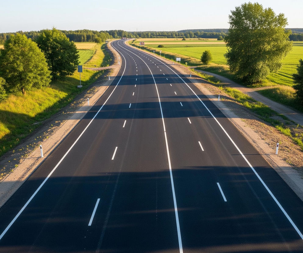 Ciemny asfalt czteropasmowej drogi z białymi liniami przerywanymi na pasach ruchu i ciągłymi liniami na krawędziach rozciąga się w głąb obrazu, lekko zakręcając w prawo. Po obu stronach drogi znajdują się zielone pola i drzewa, oświetlone promieniami słońca, rzucającymi długie cienie na drogę i pobocze. Białe słupki drogowe są widoczne wzdłuż pobocza, a w oddali majaczy horyzont z jaśniejszym niebem.