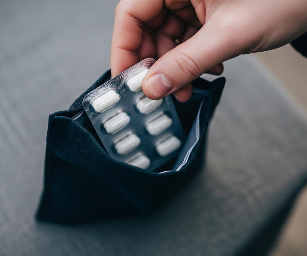 Dłoń o jasnej karnacji wkłada blister z białymi kapsułkami do granatowego, materiałowego etui. Blister zawiera dziesięć kapsułek, ułożonych w dwa rzędy po pięć, z czego cztery są już schowane w etui, a reszta wystaje na zewnątrz. Etui znajduje się na jasnoszarym, lekko teksturowanym tle.