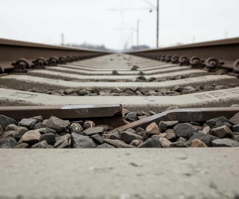 Widoczne są stalowe szyny kolejowe z betowowymi podkładami, biegnące prosto w głąb kadru i zbiegające się w oddali, pod niebem o jasnoszarej, jednolitej barwie. Szyny, w kolorze ciemnego, zardzewiałego brązu, są przymocowane do podkładów za pomocą metalowych klamer, również w brązowo-rudym odcieniu. Pomiędzy podkładami leży tłuczeń, składający się z nieregularnych kamieni w odcieniach szarości i brązu. W lewej dolnej części kadru widoczny jest betonowy podkład z niewielkimi uszkodzeniami i pęknięciami.