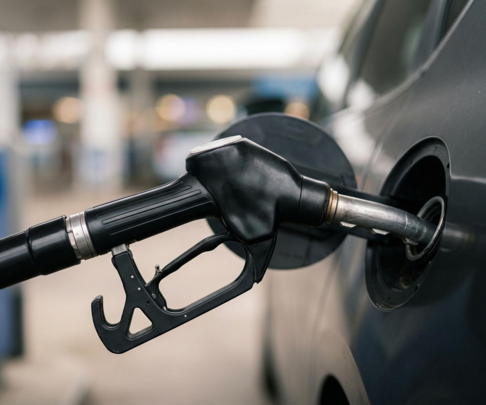 Pistolet do tankowania paliwa, wbity w otwór wlewu paliwa w samochodzie. Zdjęcie ilustruje rosnące ceny paliw, szczególnie oleju napędowego, który zbliża się do 9 zł/l, co jest tematem analizowanym na Super Biznes.