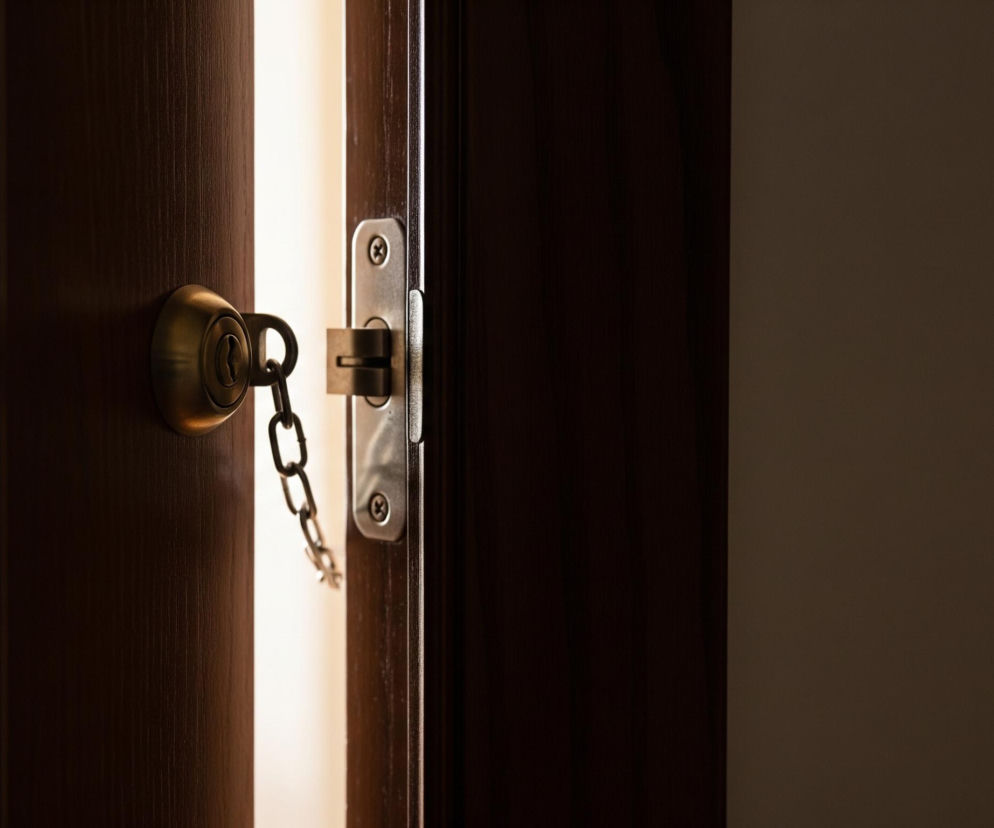 Częściowo otwarte ciemnobrązowe drzwi z zamkiem i łańcuchem bezpieczeństwa są widoczne na pierwszym planie, z intensywnym, jasnym światłem wpadającym przez szczelinę. Mosiężna gałka zamka z otworem na klucz znajduje się na lewym skrzydle drzwi, a z niej zwisa krótki, srebrny łańcuch. Po prawej stronie, na framudze, umieszczony jest metalowy rygiel łańcucha, częściowo widoczny. Prawe skrzydło drzwi pozostaje w ciemności.