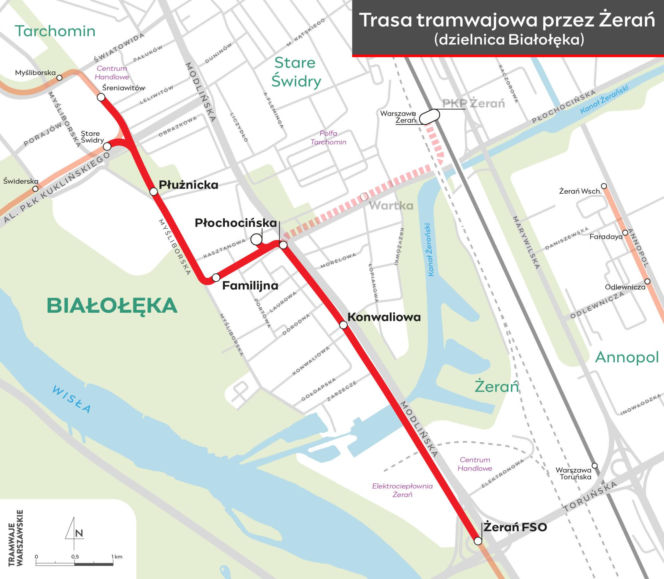 Mapa planowanego tramwaju wzdłuż Modlińskiej w Warszawie