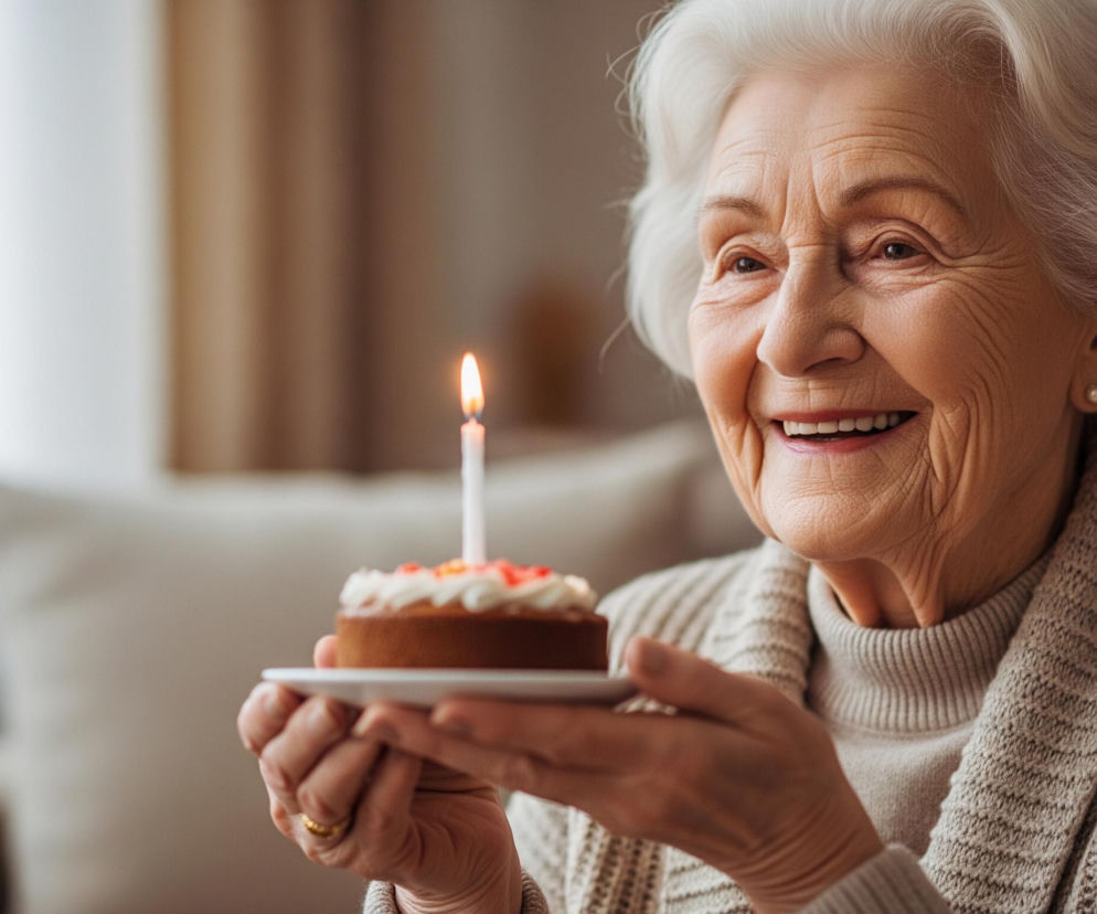 Starsza kobieta z siwymi włosami trzyma mały tort urodzinowy z zapaloną świecą, uśmiechając się szeroko i spoglądając w prawo poza kadr. Ma na sobie beżowy sweter z golfem i dziergany kardigan w podobnym odcieniu, a na palcu lewej dłoni widoczny jest złoty pierścionek. Tło jest rozmyte, ukazując jasne zasłony po lewej stronie i beżową poduszkę, co sugeruje domową atmosferę.