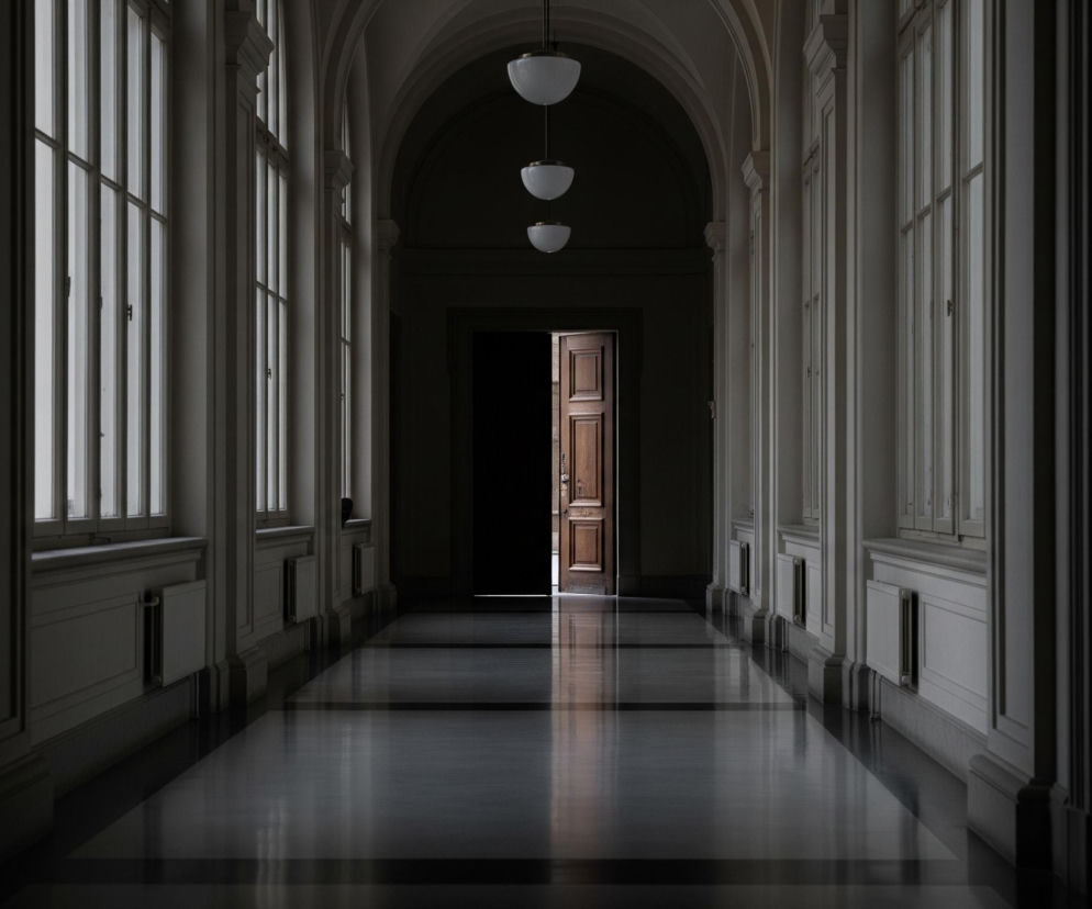 Długi, symetryczny korytarz z wysokimi, prostokątnymi oknami po obu stronach rozciąga się w głąb obrazu. Ściany i sufit utrzymane są w odcieniach szarości, a podłoga ma wzór składający się z naprzemiennych, ciemniejszych i jaśniejszych prostokątów, odbijających światło. Na środku korytarza, w jego dalszej części, znajduje się otwarte drewniane drzwi, przez które wpada strumień jasnego światła, rzucając wydłużony refleks na podłogę. Z sufitu zwisają trzy białe, kuliste lampy.