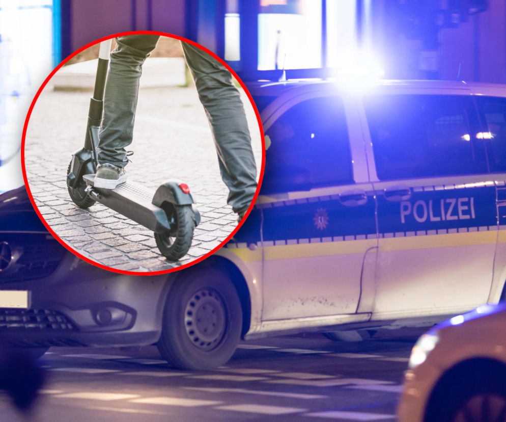 Radiowóz niemieckiej policji na sygnale. Na miniaturze nogi osoby na e-hulajnodze. O zatrzymaniu Polaka przeczytasz w Eska.
