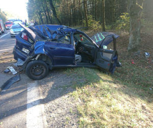 Wypadek na DK 8. Kierowca tyłem auta uderzył w drzewo. Dwie osoby w szpitalu