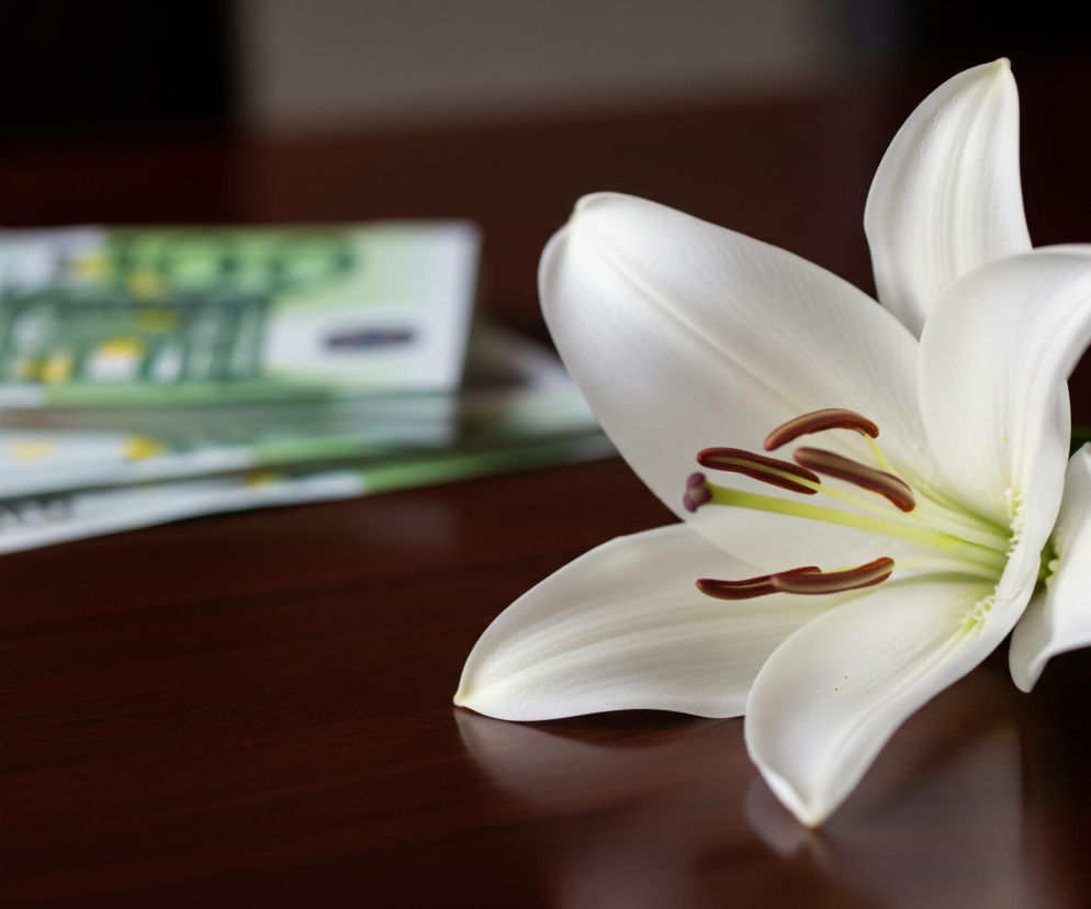 Biała lilia symbolizująca żałobę leży na ciemnym drewnianym stole, obok rozmytych banknotów euro. Obraz nawiązuje do zasiłku pogrzebowego i kosztów pochówku, o których przeczytasz więcej na portalu Super Biznes.