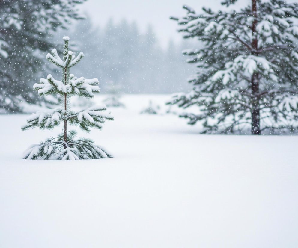 Młoda sosna, pokryta śniegiem, rośnie na pierwszym planie, w centrum kadru. W tle, po prawej stronie, widać większe drzewo iglaste, również okryte śniegiem, częściowo rozmyte. Drobne, białe płatki śniegu, ostre i wyraźne, unoszą się w powietrzu, tworząc wrażenie padającego śniegu. Cały krajobraz jest pokryty grubą warstwą śniegu, co nadaje mu monochromatyczny, biało-szary odcień, a drzewa w tle są niewyraźne.