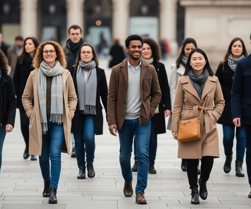 Grupa dziesięciu osób idzie w kierunku obserwatora po chodniku wyłożonym jasnoszarymi płytami. Wszyscy ubrani są w jesienne płaszcze lub kurtki oraz szaliki, w większości w stonowanych kolorach beżu, szarości, brązu i czerni, z wyjątkiem kilku niebieskich akcentów. Osoby te charakteryzują się różnorodną karnacją i strukturą włosów, a większość z nich uśmiecha się lub patrzy bezpośrednio przed siebie. W tle widać niewyraźne zarysy budynków i kolumn, sugerując miejską przestrzeń.