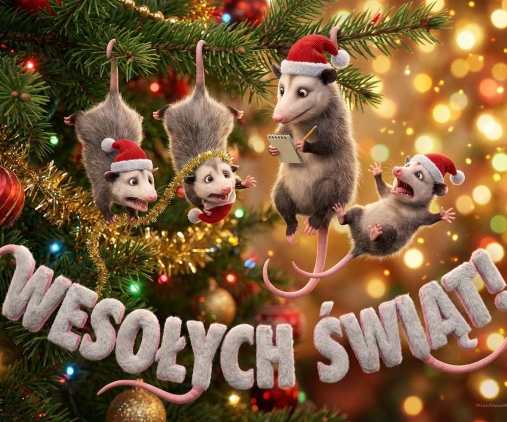 Świąteczna rodzina oposów na choince