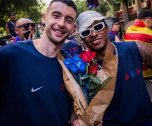 Robert Lewandowski i Wojciech Szczęsny na fecie Barcelony