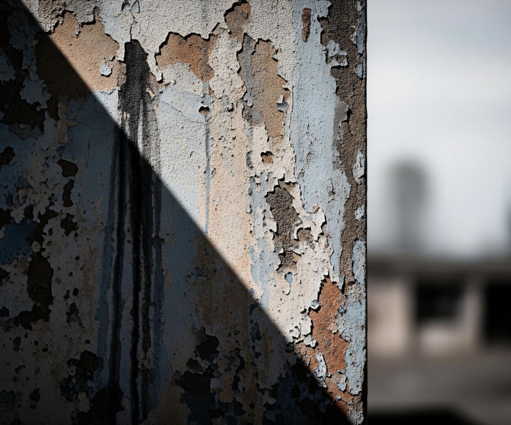 Lewa strona kadru ukazuje fragment ściany z mocno łuszczącą się farbą, tworzącą nieregularne płaty w odcieniach błękitu, beżu, brązu i szarości. Przez ten fragment przechodzi wyraźna, ukośna granica światła i cienia, z ciemnym, zacienionym obszarem w lewym dolnym rogu. Na jaśniejszej części ściany widoczne są pionowe, ciemne smugi, przypominające zacieki. Po prawej stronie, poza ostrością, rozciąga się rozmyte tło przedstawiające sylwetki niewyraźnych budynków pod jasnym, zachmurzonym niebem.