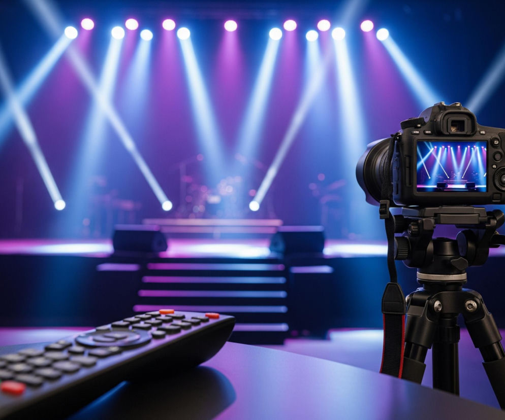 Na pierwszym planie, z prawej strony, stoi czarny aparat fotograficzny na statywie, skierowany w stronę sceny. Na ekranie aparatu widoczne jest pomniejszone ujęcie sceny oświetlonej fioletowymi i niebieskimi światłami. Przed aparatem, po lewej stronie, leży czarny pilot z kolorowymi przyciskami. W tle rozciąga się scena z podestami i niewyraźnymi elementami perkusji, zdominowana przez silne reflektory tworzące krzyżujące się snopy światła w odcieniach fioletu i błękitu.