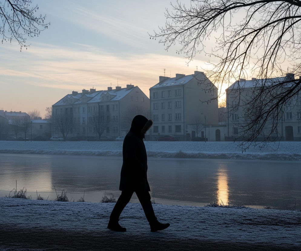 Na pierwszym planie, w centralnej części zdjęcia, widoczna jest ciemna sylwetka osoby idącej w prawą stronę, w płaszczu z kapturem. Osoba porusza się po pokrytej szronem lub śniegiem ścieżce, która rozciąga się wzdłuż brzegu rzeki. Rzeka zajmuje środkową część kadru, jej powierzchnia jest częściowo zamarznięta i odbija delikatne, ciepłe światło zza budynków. Na drugim planie, za rzeką, znajdują się rzędy jasnych budynków z dachami pokrytymi śniegiem, a nad nimi rozciąga się niebo z widocznym wschodzącym lub zachodzącym słońcem, tworzącym pomarańczowo-różową poświatę przechodzącą w błękit. Bezlistne gałęzie drzew w czarnej sylwetce otaczają kadr od góry i z prawej strony.