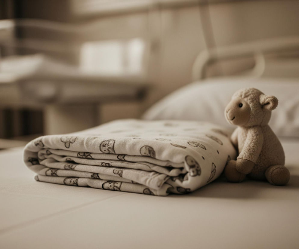 Na pierwszym planie, po prawej stronie, siedzi pluszowa owieczka o kremowo-beżowym futerku i brązowych stopach. Obok niej, po lewej, leży starannie złożony biały kocyk w czarne, stylizowane wzory przedstawiające misie lub inne zwierzątka. Tło stanowi rozmyte wnętrze, widoczne są fragmenty białego łóżka ze szpitalnym zagłówkiem i poduszką oraz nieostry stolik nocny po lewej stronie, wszystko w stonowanych odcieniach beżu i brązu.