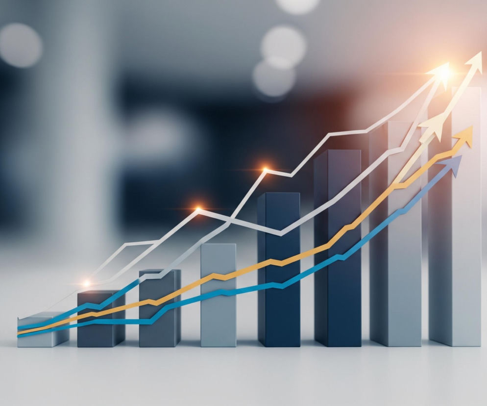 Trójwymiarowy wykres słupkowy na jasnej, odbijającej światło powierzchni. Wykres składa się z dziesięciu prostokątnych słupków o zmiennej wysokości, ułożonych w rzędzie od lewej do prawej, gdzie słupki po prawej są wyższe. Ich kolory przechodzą od ciemnoniebieskiego przez szary do jasnoszarego, odzwierciedlając tło. Ponad słupkami przebiegają trzy linie wykresu liniowego – biała, żółta i niebieska – każda z nich wznosi się od lewej do prawej, zakończona strzałkami skierowanymi w górę. Biała linia jest najbardziej wyrazista i najwyższa, z punktami świetlnymi i dużą, jasno świecącą strzałką na szczycie. Tło jest rozmazane, przedstawiające wnętrze pomieszczenia z jasnymi, kolistymi plamami światła.