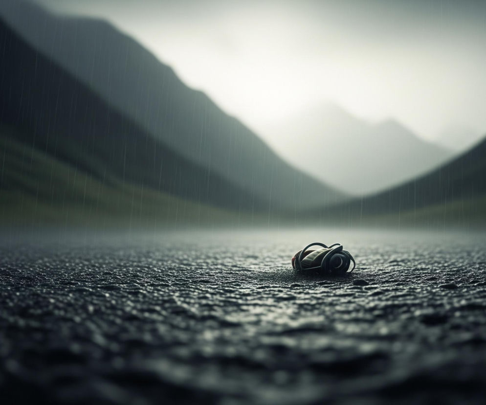 Na pierwszym planie leżą słuchawki douszne z czarnymi obudowami i czerwonymi akcentami, częściowo pogrążone w kałuży wody na chropowatej, ciemnej nawierzchni. Deszcz pada pionowymi liniami na całej powierzchni obrazu, tworząc smugę wody za słuchawkami. W tle rozciąga się pagórkowaty krajobraz z ciemnymi, rozmytymi górami po obu stronach, a w oddali majaczy jasne, zamglone niebo. Cała scena utrzymana jest w chłodnej, szarej kolorystyce z delikatnymi zielonkawymi akcentami na zboczach.