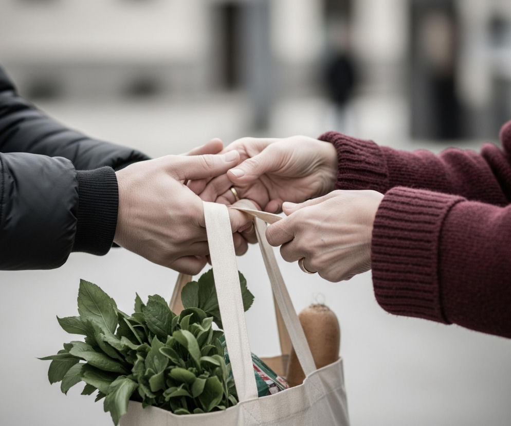 Dwie osoby trzymają razem bawełnianą torbę na zakupy wypełnioną świeżymi produktami. Lewa osoba, w czarnej puchowej kurtce z prążkowanym mankietem, chwyta górną część uchwytów torby. Prawa osoba, w bordowym swetrze o grubym splocie, trzyma dolną część tych samych uchwytów, a na jej palcu widnieje złota obrączka. W torbie widać obfitą ilość ciemnozielonych liściastych warzyw oraz podłużny, jasnobrązowy owoc lub warzywo. Tło jest rozmyte, z jasnymi i ciemnymi odcieniami szarości, sugerującymi miejski krajobraz.