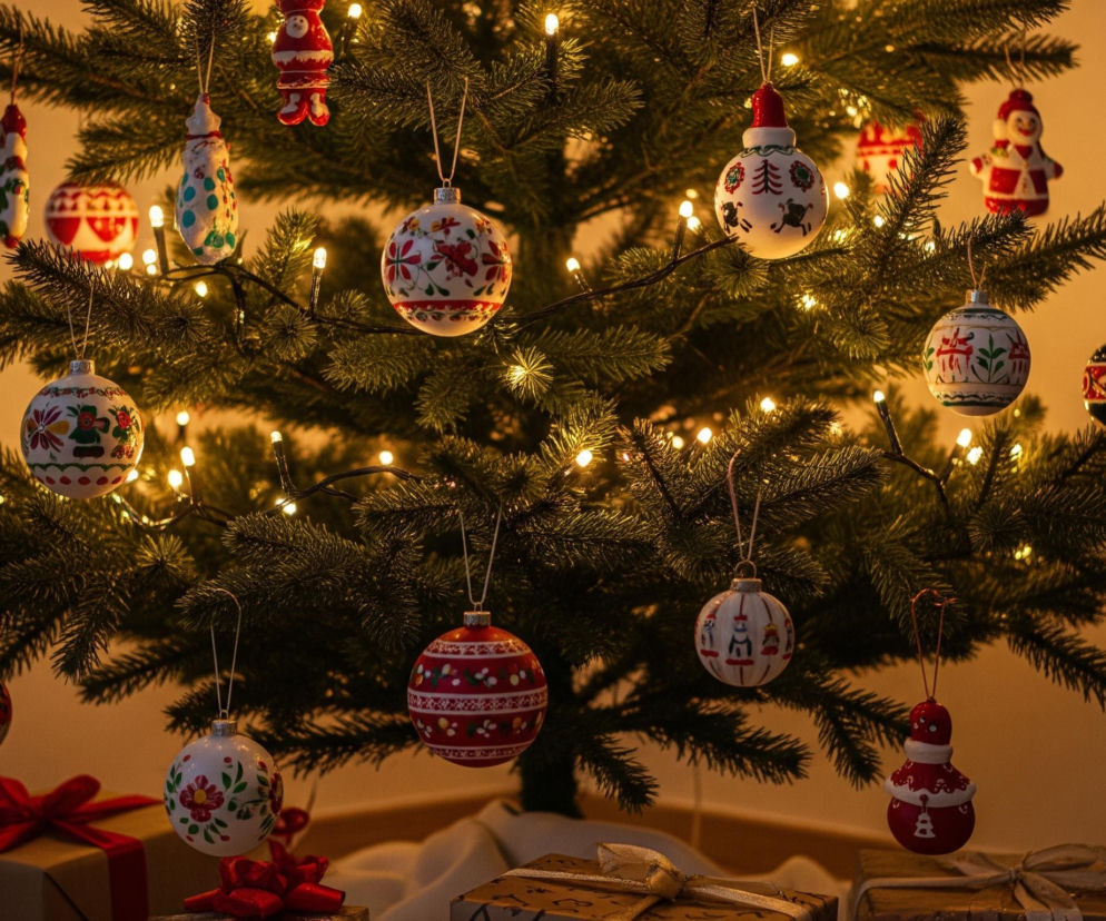 Zielona choinka wypełnia centralną część kadru, ozdobiona licznymi, ciepłymi, żółtymi lampkami oraz różnorodnymi bombkami. Bombki są w różnych kształtach i kolorach, z dominującymi wzorami kwiatowymi i ludowymi motywami, głównie w odcieniach czerwieni, bieli, zieleni i granatu. Pod drzewkiem znajdują się owinięte prezenty, niektóre w papierze pakowym z czerwoną wstążką, inne w brązowym papierze ze złotymi lub srebrnymi wstążkami. Tło jest stonowane, w ciepłym, beżowo-pomarańczowym kolorze, a po prawej stronie widać fragment beżowego mebla.