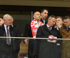 Karol Nawrocki na meczu Polska - Albania