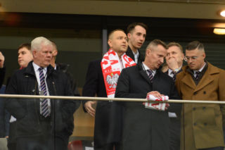 Karol Nawrocki na meczu Polska - Albania