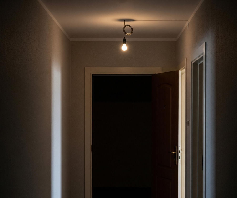 Wąski korytarz, oświetlony pojedynczą, wiszącą żarówką, która emituje ciepłe, żółte światło. Na suficie, nad żarówką, widoczny jest spiralnie zwinięty przewód. Pośrodku obrazu, na wprost widza, znajdują się otwarte na oścież brązowe drzwi, prowadzące do całkowicie ciemnego pomieszczenia. Po prawej stronie, nieco dalej, widoczne są kolejne drzwi, uchylone tylko nieznacznie, z jasną, pionową smugą światła wydobywającą się zza nich. Całe wnętrze korytarza oraz ściany są utrzymane w ciemnych, stonowanych odcieniach, z fakturą tapety delikatnie widoczną w miejscach oświetlonych.