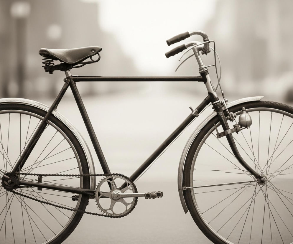 Centralnie ustawiony jest czarny rower w stylu vintage, sfotografowany z boku, na tle rozmytego, miejskiego pejzażu. Posiada skórzane, sprężynowe siodełko i klasyczne kierownice z gumowymi uchwytami, a także błotniki nad obydwoma kołami. Widoczny jest metalowy dzwonek przy przednim kole oraz zębatka z łańcuchem i pedałami, wszystkie elementy utrzymane są w sepiowej tonacji.