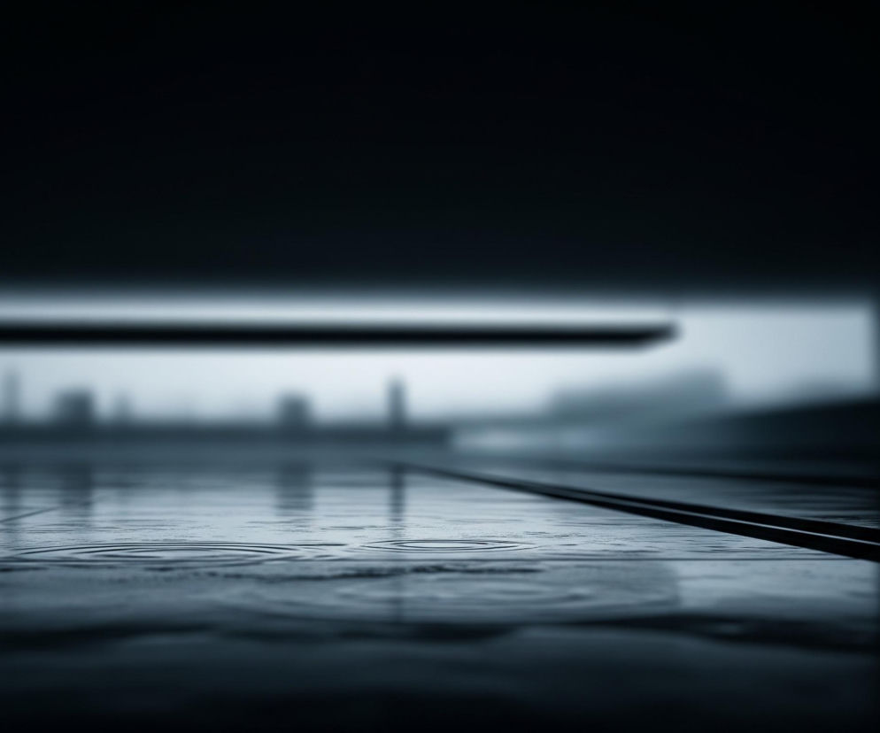 Główny plan przedstawia mokrą, ciemnoszarą nawierzchnię z widocznymi falami i okręgami na wodzie, co wskazuje na padający deszcz. Powierzchnia jest podzielona na prostokątne segmenty, a przez środek przebiega ciemna, prosta linia. W tle widoczna jest rozmyta panorama miasta z niewyraźnymi zarysami budynków, a powyżej nich rozciąga się jasne, zamglone niebo. Górna część obrazu to ciemny, niemal czarny obszar, prawdopodobnie strop lub zadaszenie, co sugeruje, że scena rozgrywa się pod jakąś konstrukcją. Całość utrzymana jest w chłodnej palecie barw, dominują odcienie szarości, błękitu i czerni.