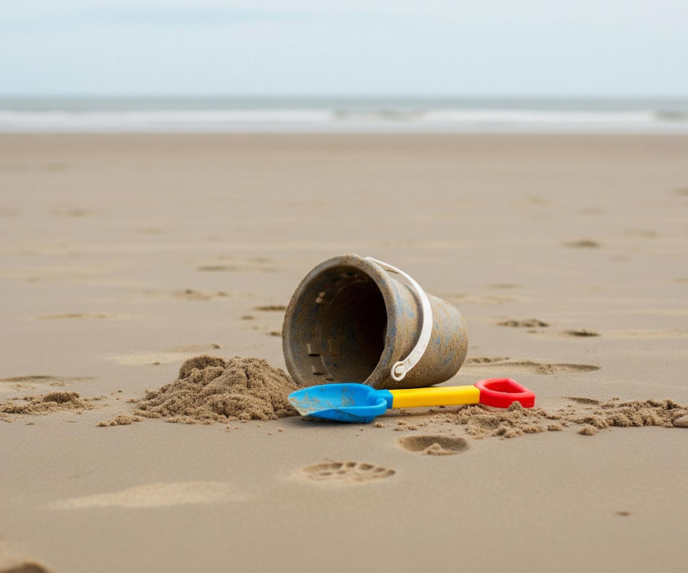 Na pierwszym planie, centralnie, leży przechylone, granatowe wiaderko z białym uchwytem, częściowo przysypane piaskiem. Obok niego, na piasku, leżą dwie plastikowe łopatki: jedna z niebieską szufelką i żółtym uchwytem, druga z czerwoną szufelką i żółtym uchwytem. Całość otacza jasnobrązowy, piaszczysty brzeg plaży z licznymi odciskami stóp i małymi kopczykami piasku. W tle rozciąga się niewyraźny błękitny ocean z lekko zarysowanymi falami, a nad nim jasne, bezchmurne niebo.