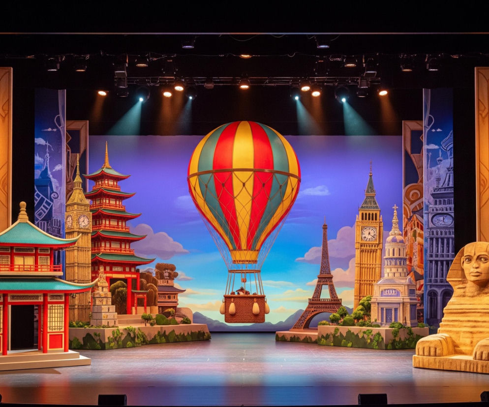 Na oświetlonej scenie teatralnej znajduje się kolorowa scenografia przedstawiająca miniaturowe repliki znanych budowli z różnych stron świata, ustawione na geometrycznych platformach. Centralnym elementem jest duży, pasiakowy balon na ogrzane powietrze w kolorach czerwonym, żółtym i turkusowym, z koszem zawierającym małe figurki, unoszący się na tle błękitno-fioletowego nieba z kilkoma chmurami. Po lewej stronie widoczne są azjatyckie pagody w odcieniach czerwieni i turkusu, a także fragmenty budowli przypominających chińskie świątynie. Po prawej stronie znajdują się, w kolejności od środka: brązowa Wieża Eiffla, beżowy Big Ben z dwoma tarczami zegara, budowla przypominająca Katedrę Świętego Pawła w Londynie oraz beżowy Sfinks. Scena jest podświetlona od góry przez reflektory emitujące jasne światło.
