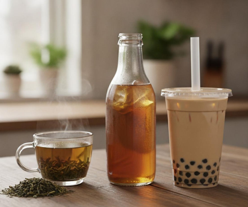 Szklanka parującej herbaty, butelka mrożonej herbaty i bubble tea z kulkami tapioki na drewnianym stole. Zdjęcie ilustruje różnice w przygotowaniu herbaty i jej wpływie na zdrowie, o czym więcej przeczytasz na Poradnik Zdrowie.