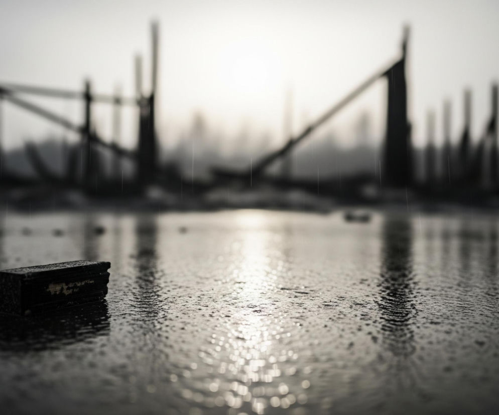 Na pierwszym planie, z prawej strony, leży prostokątny, ciemny obiekt na wilgotnej, chropowatej powierzchni, odbijającej światło. Powierzchnia ta, prawdopodobnie kałuża lub mokra ziemia, pokryta jest drobnymi kroplami i smugami wody. W tle majaczą niewyraźne, ciemne sylwetki budowli lub ich resztek, zarysowane na jasnym, rozświetlonym tle, sugerującym niebo lub źródło światła. Całość utrzymana jest w monochromatycznej, szarej kolorystyce z dominującymi ciemnymi tonami na pierwszym planie i jaśniejszymi w tle.