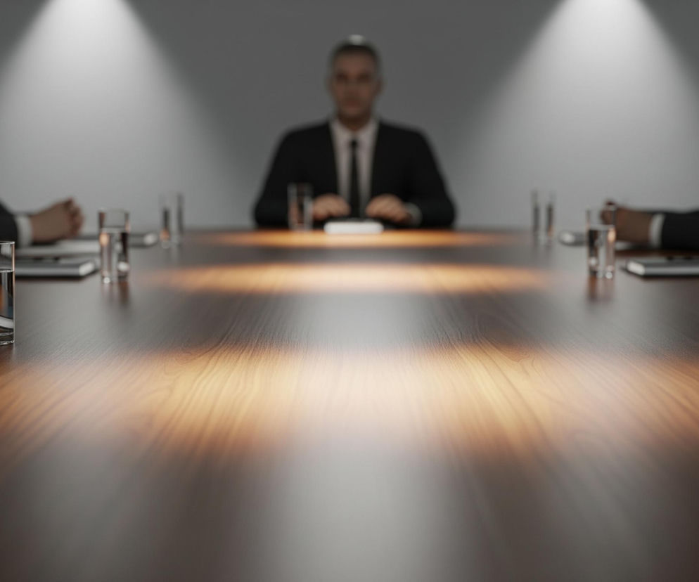 Długi, ciemnobrązowy, drewniany stół konferencyjny dominuje w kadrze, z jego powierzchnią rozjaśnioną przez rzędy białych świateł punktowych na suficie. Po obu stronach stołu widać niewyraźne sylwetki trzech osób w garniturach, z których dwie siedzą po lewej i prawej stronie kadru, a jedna centralnie, tyłem do widza. Na stole rozmieszczone są szklanki z wodą, notesy oraz długopisy, z najbardziej wyraźnymi szklankami na pierwszym planie po lewej i prawej stronie. Tło stanowi jasnoszara ściana, na której widoczne są stożki światła padające z lamp sufitowych.