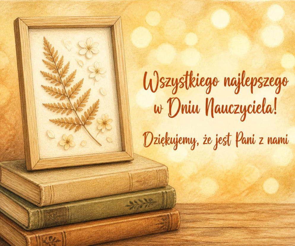 Kartka z napisem Wszystkiego najlepszego w Dniu Nauczyciela na tle książek. O darmowych grafikach przeczytasz na SE.
