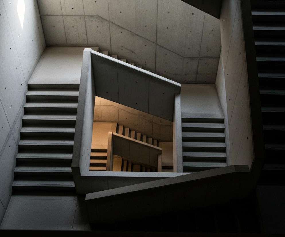 Wnętrze budynku ukazuje surową architekturę betonowych schodów i ścian. Centralnie umiejscowiona klatka schodowa z zakręcającymi biegami opada w dół, a jej kolejne poziomy są coraz ciemniejsze, tworząc głębię obrazu. Jasne, naturalne światło wpada z góry po lewej stronie, rozświetlając górne partie ścian i schodów, podczas gdy niższe kondygnacje pozostają w półmroku, z pomarańczowym blaskiem widocznym z głębi konstrukcji. Powierzchnie betonu są szare i chropowate, z widocznymi regularnymi, ciemnymi otworami, prawdopodobnie po szalunkach.