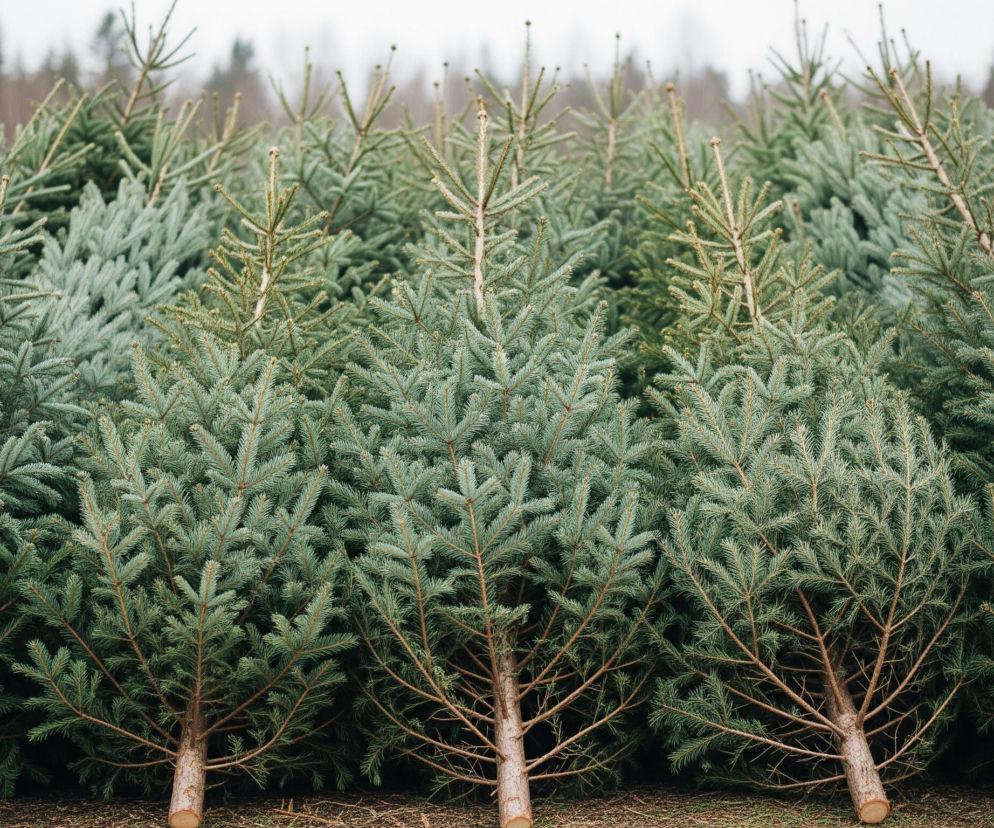 Rząd ściętych choinek dominuje w centrum kadru, prezentując różnorodne odcienie zieleni, od ciemniejszych po bardziej seledynowe. Ich igły są gęste i wyglądają świeżo, a pnie w dolnej części zdjęcia są jasnobrązowe, z widocznymi świeżymi cięciami u podstawy. W tle, za rzędem choinek, rozciąga się niewyraźny las z ciemniejszymi drzewami iglastymi i kilkoma jaśniejszymi, bezlistnymi drzewami liściastymi, wszystko pod jasnym, zachmurzonym niebem.