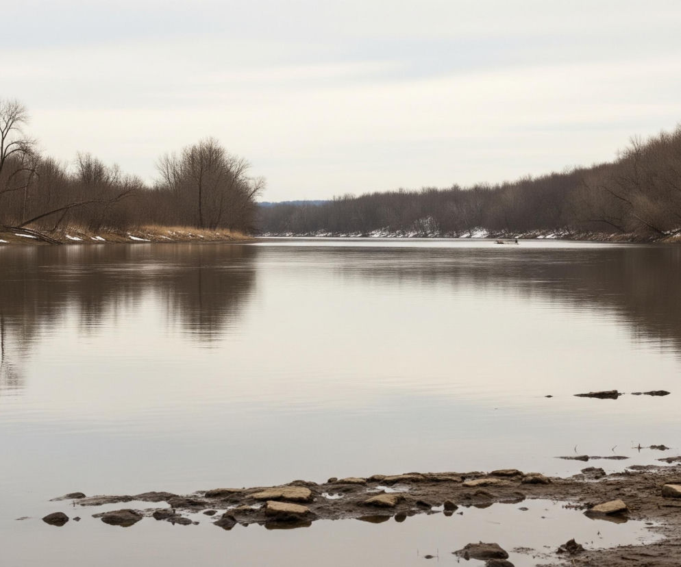 W centrum kadru rozciąga się szeroka rzeka o spokojnej, lustrzanej tafli w odcieniach szarości i brązu, odbijającej bezlistne drzewa i jasne niebo. Brzegi rzeki, widoczne po obu stronach, porastają gęste, nagie krzewy i drzewa o ciemnobrązowych gałęziach, z widocznymi miejscami suchymi, żółtawymi trawami i płatami śniegu. Na pierwszym planie, w prawym dolnym rogu, znajduje się błotnisty brzeg z kilkoma kamieniami i suchymi roślinami.
