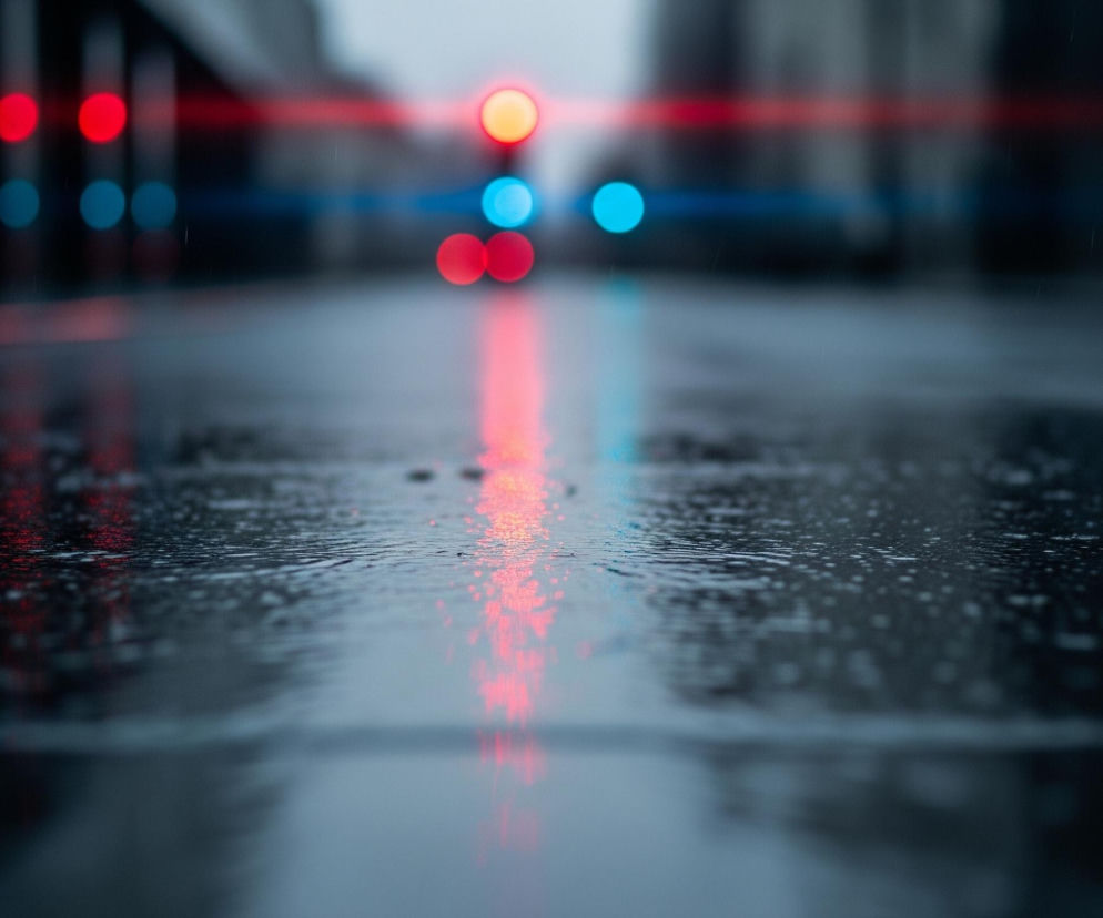 Na pierwszym planie widoczna jest mokra powierzchnia asfaltu, pokryta kroplami deszczu i kałużami, odbijającymi światła. W oddali, w rozmazanym tle, widoczne są rozmyte światła uliczne: kilka jaskrawoczerwonych i turkusowych świateł w kształcie okręgów, tworzących poziome linie. Czerwone światła dominują na lewo i w centralnej części, a turkusowe po prawej. Całość tworzy atmosferę nocnego, deszczowego miasta.