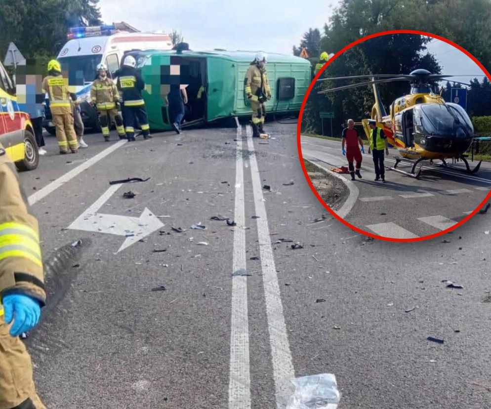 Przewrócony bus i strażacy na drodze. Na miniaturze śmigłowiec LPR. O wypadku w Pułankowicach przeczytasz na SE Lublin.