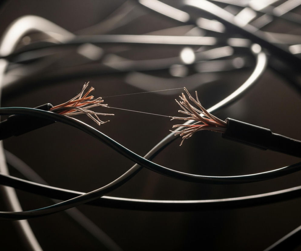 Na pierwszym planie, centralnie, dwie części przeciętego kabla z wystającymi miedzianymi i srebrnymi żyłami, które są połączone cienką, niemal niewidoczną nicią. Całość obrazu utrzymana jest w ciemnej tonacji z dominującymi odcieniami szarości i czerni, z jasnymi refleksami światła na kablach w tle, tworzącymi efekt rozmycia i głębi. Na drugim planie, za rozłączonym kablem, widoczne są liczne, wijące się kable o różnej grubości, tworzące złożoną sieć linii i kształtów, niektóre z nich są oświetlone, a inne pozostają w cieniu.