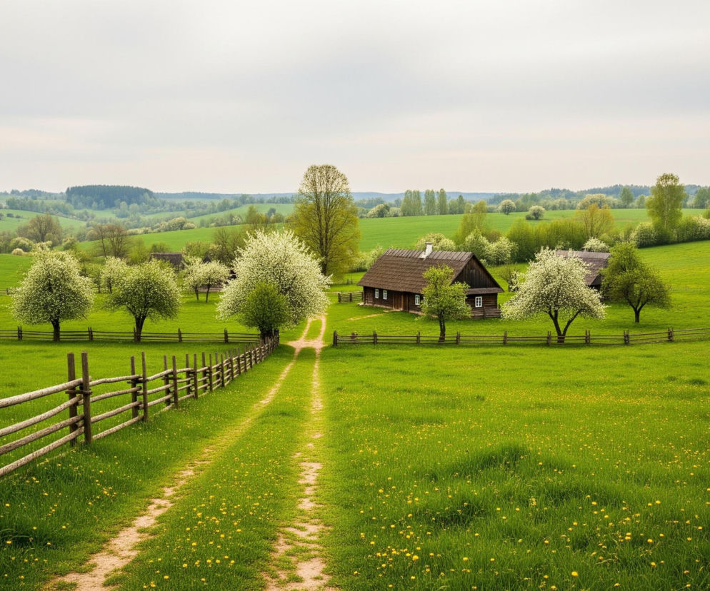 Dwa równoległe, brązowe ścieżki ciągną się przez zieloną łąkę pokrytą drobnymi, żółtymi kwiatami, prowadząc w stronę dwóch drewnianych domów z ciemnymi dachami i białymi oknami, otoczonych kwitnącymi na biało drzewami. Po lewej stronie ścieżki wije się prosty drewniany płot. W tle, na zielonych wzgórzach, widoczne są gęste lasy pod szarym niebem.
