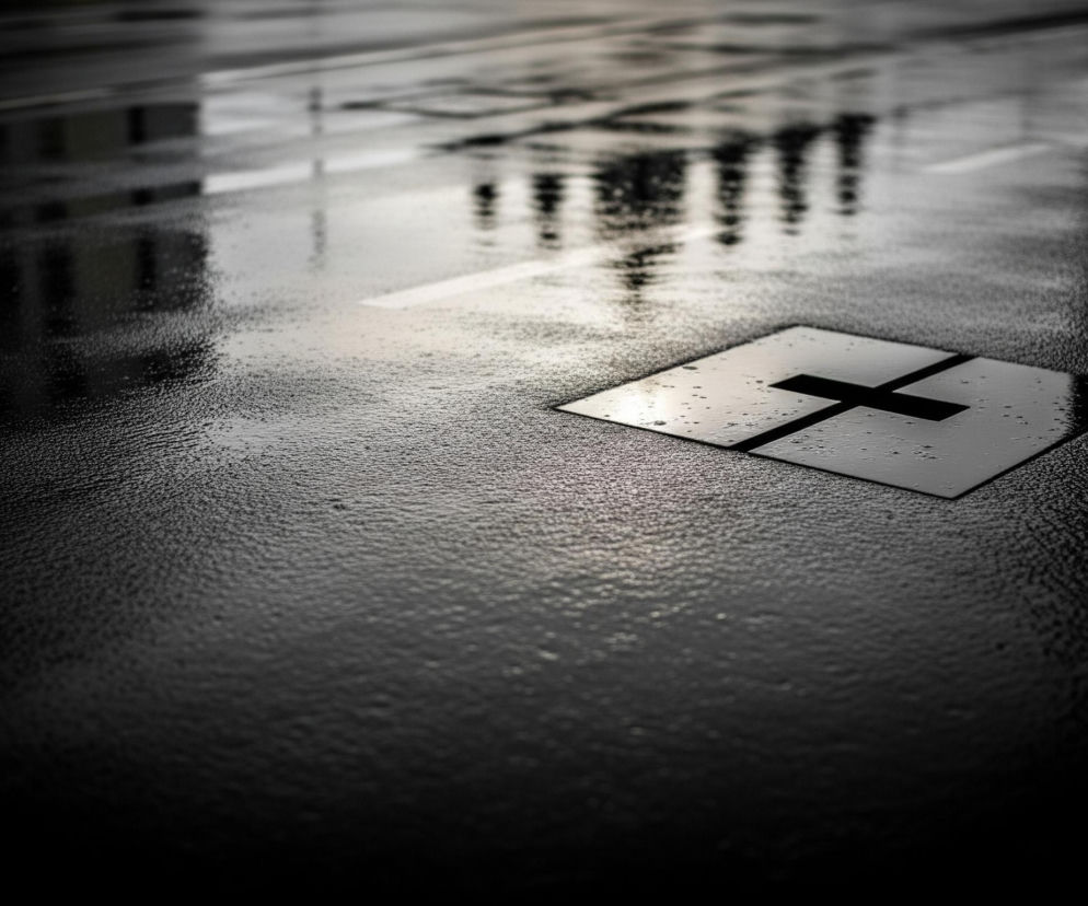 Mokra, czarna asfaltowa nawierzchnia ulicy, pokryta licznymi drobnymi kropelkami wody, dominuje kadr, rozciągając się od ciemnego dołu w stronę jasnego centrum. Na pierwszym planie, w prawej części, znajduje się czarna, kwadratowa płyta z wyraźnym, czarnym krzyżem pośrodku. Białe linie pasów drogowych są widoczne na nawierzchni, a w dalszej, rozmytej części obrazu, na mokrej powierzchni odbijają się zamazane sylwetki wysokich budynków i postaci ludzkich, które wydają się poruszać. Ogólna kolorystyka jest ciemna, z przewagą szarości i czerni, przechodząca w jaśniejsze tony w górnej, środkowej części zdjęcia.