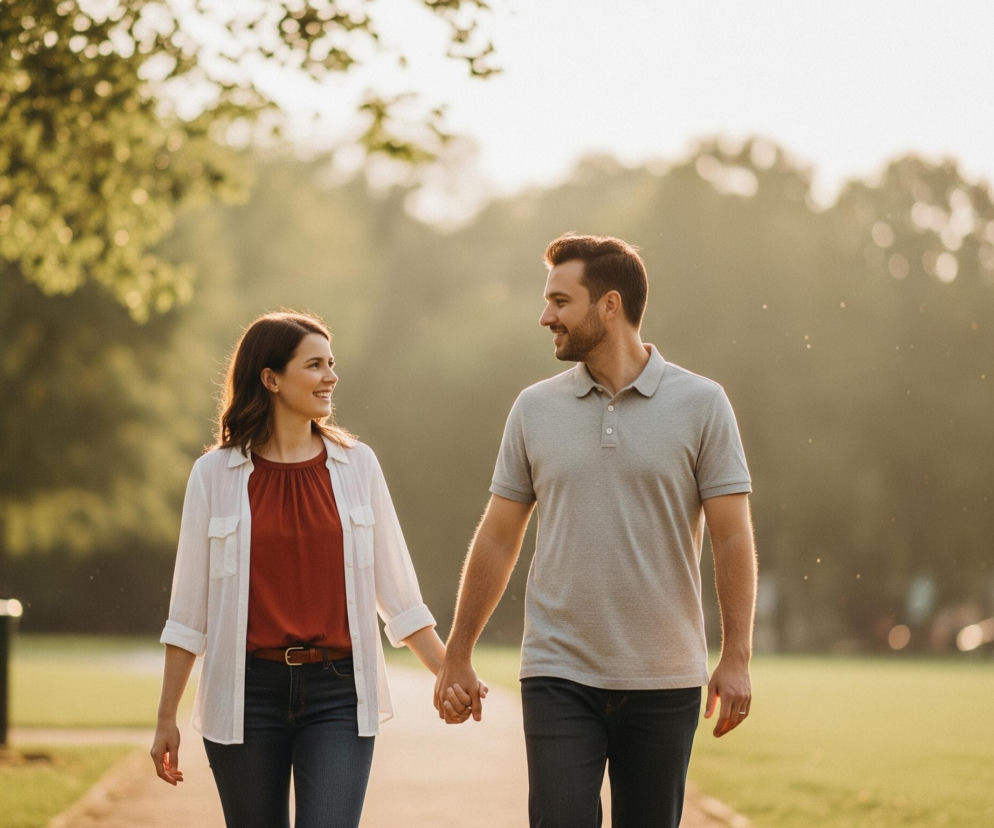 Para, kobieta i mężczyzna, spaceruje chodnikiem w parku, trzymając się za ręce. Oboje uśmiechają się i patrzą na siebie. Kobieta ma na sobie białą koszulę, bordową bluzkę i ciemne jeansy z brązowym paskiem; mężczyzna ubrany jest w szarą koszulkę polo i ciemne spodnie. W tle, po lewej stronie, widoczne jest duże drzewo oraz kosz na śmieci, a po prawej rozciąga się zielony trawnik i niewyraźne zarysy innych drzew, wszystko skąpane w ciepłym, złotym świetle zachodzącego słońca.